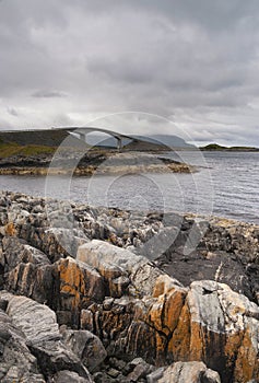 Rocky coast near the Storseisund bridge in Norway