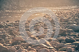 Rocky coast of the river. Landscape of countryside river