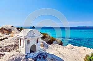 Rocky coast and turquoise sea in Greece