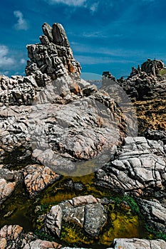 Rocky coast of Ushant island in Brittany, France