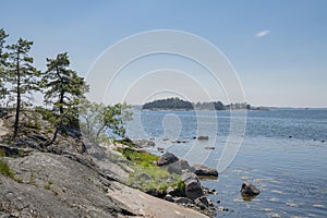 Rocky coastal view and Gulf of Finland, shore and sea, Kopparnas-Klobbacka area, Finland