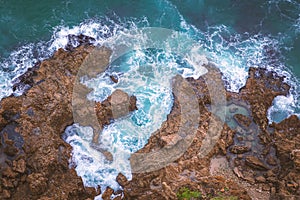 Rocky coastline aerial top view in South Africa