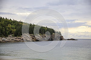 Rocky coastline along the ocean in Maine, United States