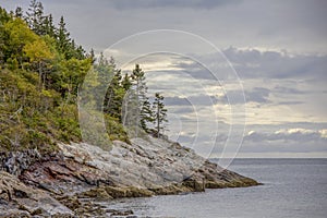 Rocky coastline along the ocean in Maine, United States