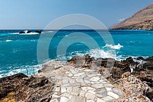 Rocky coastline and blue sea of Crete island, Greece.