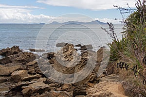 Rocky coastline with blue sea and an island on background, Auckland, New Zealand