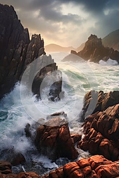 rocky coastline with dramatic waves splashing