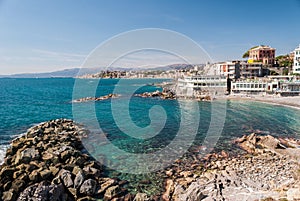 Rocky coastline in Genoa, in the district of Quarto