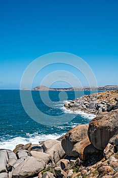 Rocky coastline of Granite Island, South Australia.