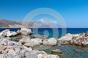 Rocky coastline of Palaiochora town, located at south of Crete island, Greece