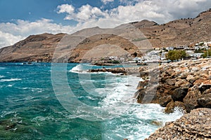 Rocky coastline of Palaiochora town, located at south of Crete island, Greece