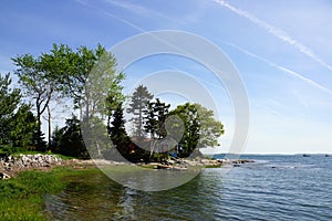 Rocky coastline with pier in distance and green trees