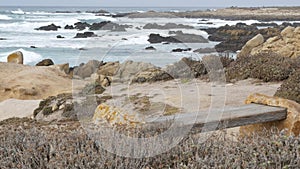 Rocky craggy ocean coast, sea waves, Monterey California. Wooden empty bench.