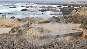 Rocky craggy ocean coast, sea waves, Monterey California. Wooden empty bench.