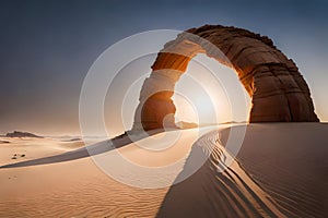 A rocky desert landscape with a towering sandstone arch formation against a clear blue sky