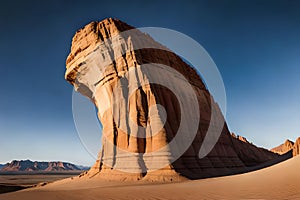 A rocky desert landscape with a towering sandstone arch formation against a clear blue sky