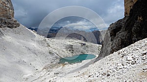 Rocky dolomiti panorama with cloudy sky