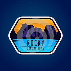 Rocky expeditions. Travel sticker for apparel, clothing, banners.