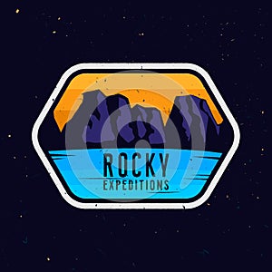 Rocky expeditions. Travel sticker for apparel, clothing, banners.