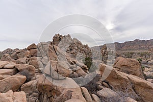 Rocky formations against a cloudy sky at Joshua Tree National Park in California