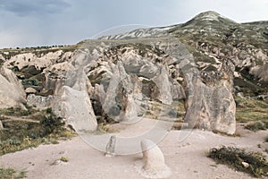 Rocky formations in Cappadocia, Turkey. Landscape of hills of different shapes