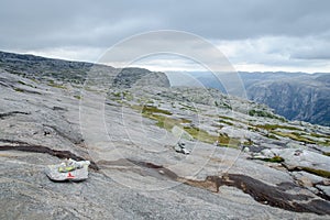 Rocky hike along the fjord to Kjerag boulder, Norway