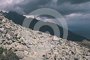 Rocky hiking trails for tourists in western carpathian Tatra mountains in slovakia. clear summer day for hiking and adventure -