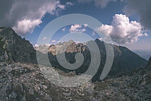 Rocky hiking trails for tourists in western carpathian Tatra mountains in slovakia. clear summer day for hiking and adventure -