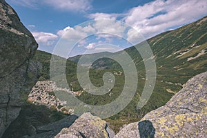 Rocky hiking trails for tourists in western carpathian Tatra mountains in slovakia. clear summer day for hiking and adventure -