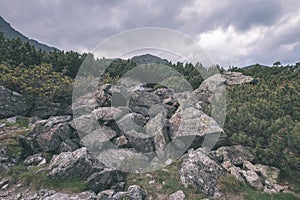 Rocky hiking trails for tourists in western carpathian Tatra mountains in slovakia. clear summer day for hiking and adventure -