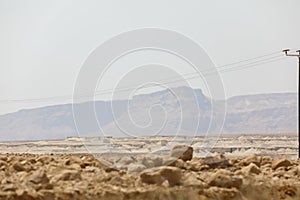 Rocky hills of the Negev Desert in Israel. Breathtaking landscape and nature of the Middle East at sunset