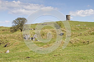 Rocky hills with Solomons Temple or Grinlow Tower in Buxton, Derbyshire Peak District