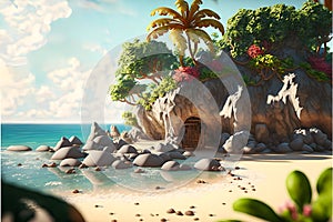 Rocky island with a cave and a broken wooden door with vines, palm tree and flowers against the sea.