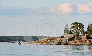 Rocky island and shore, trees and boulders on granite. Baltic sea; gulf of Finland