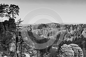 Rocky landscape in Czech paradise, black and white