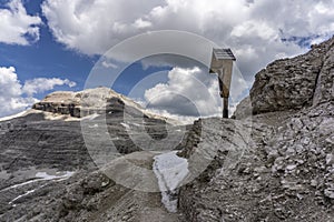 Rocky landscape of the Dolomites. View of the Piz Boe.