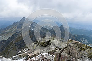 The rocky landscape of the Kozi Wierch peak. Part of the Orla Perc trail. High Tatras