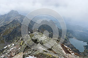 The rocky landscape of the Kozi Wierch peak. Part of the Orla Perc trail. High Tatras