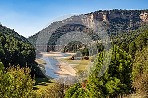 Rocky landscape with mountains lake La Toba reservoir. Serrania de Cuenca, Cuenca, Spain