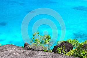 Rocky landscape in the Seychelles with sea water