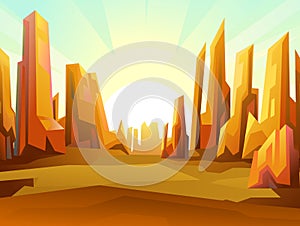 Rocky landscape. Sharp stone cliffs. View of an uninhabited planet. Sunset sunrise on horizon. Desert during the day