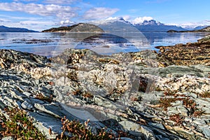 Rocky landscapes of Beagle channel at Terra Del Fuego National P