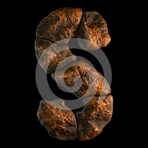 Rocky letter S. Font of stone on black background. 3d