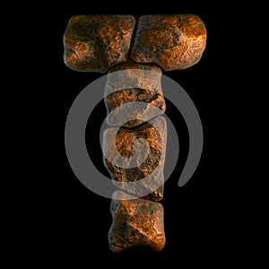 Rocky letter T. Font of stone on black background. 3d