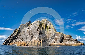 Rocky Little Skellig island with hundreds of Gannets flying around