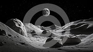 A rocky lunar surface under the starry sky, with the Moon glowing brightly and casting detailed shadows