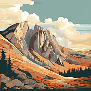 Rocky Mountain Hill Close-up With Flat Colour Scheme