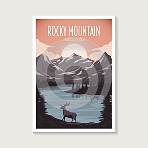 Rocky Mountain National Park poster illustration, beautiful river lake mountain scenery poster