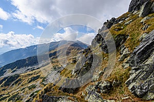 Rocky mountain peak area view in slovakia - vintage look