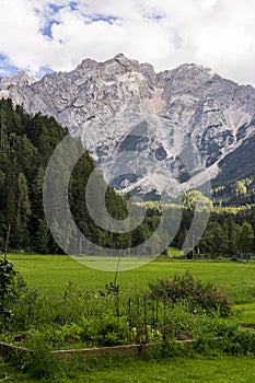 Rocky mountain peaks as seen from Jezersko village